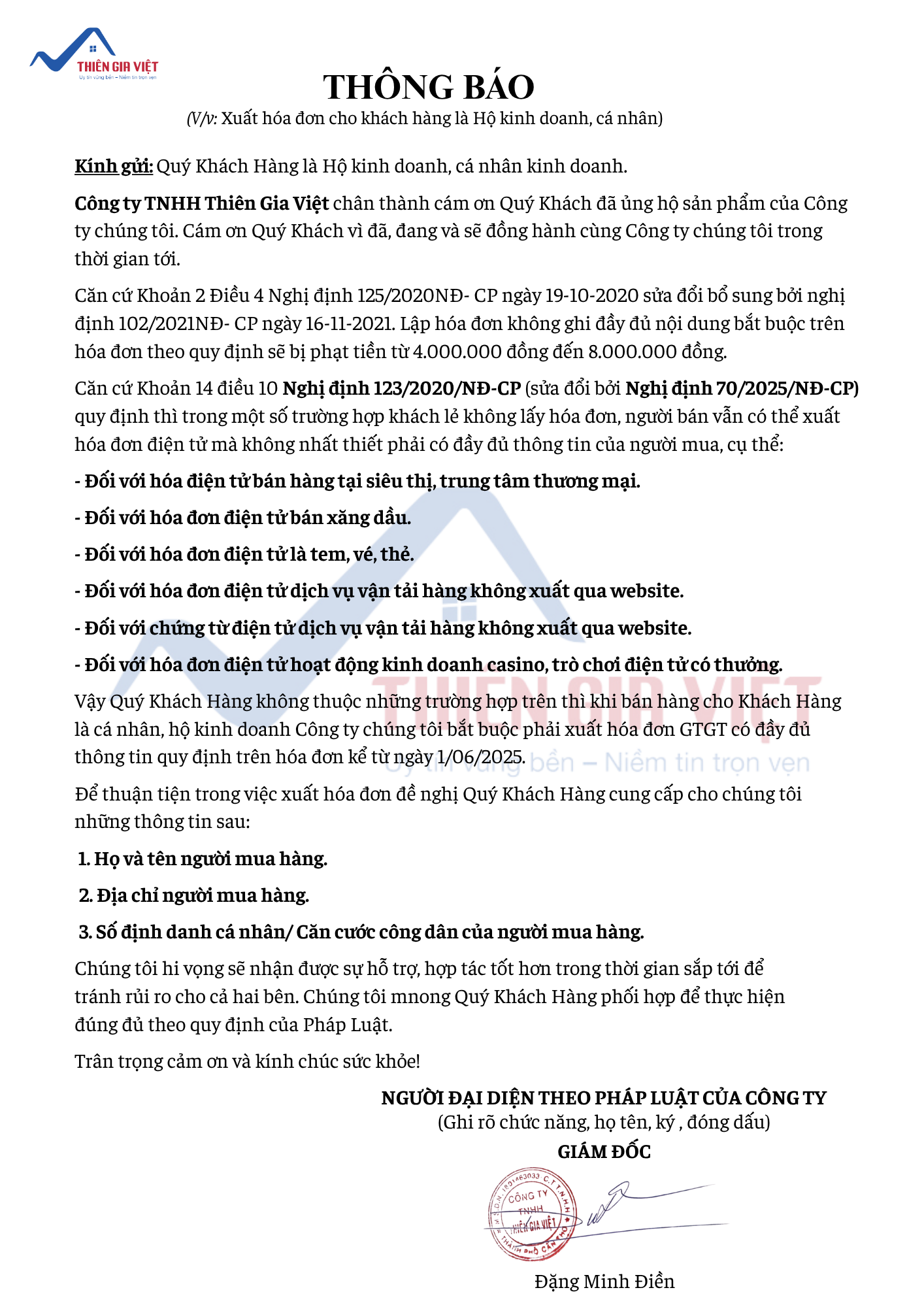 Thông báo xuất hóa đơn cho Khách hàng là Hộ kinh doanh, cá nhân